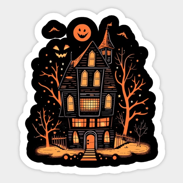 Haunted House Halloween T-Shirt, Spooky Mansion Tee, Horror, Eerie Estate Crewneck, Creepy Dwelling Top, Unisex Shirt Sticker by Indigo Lake